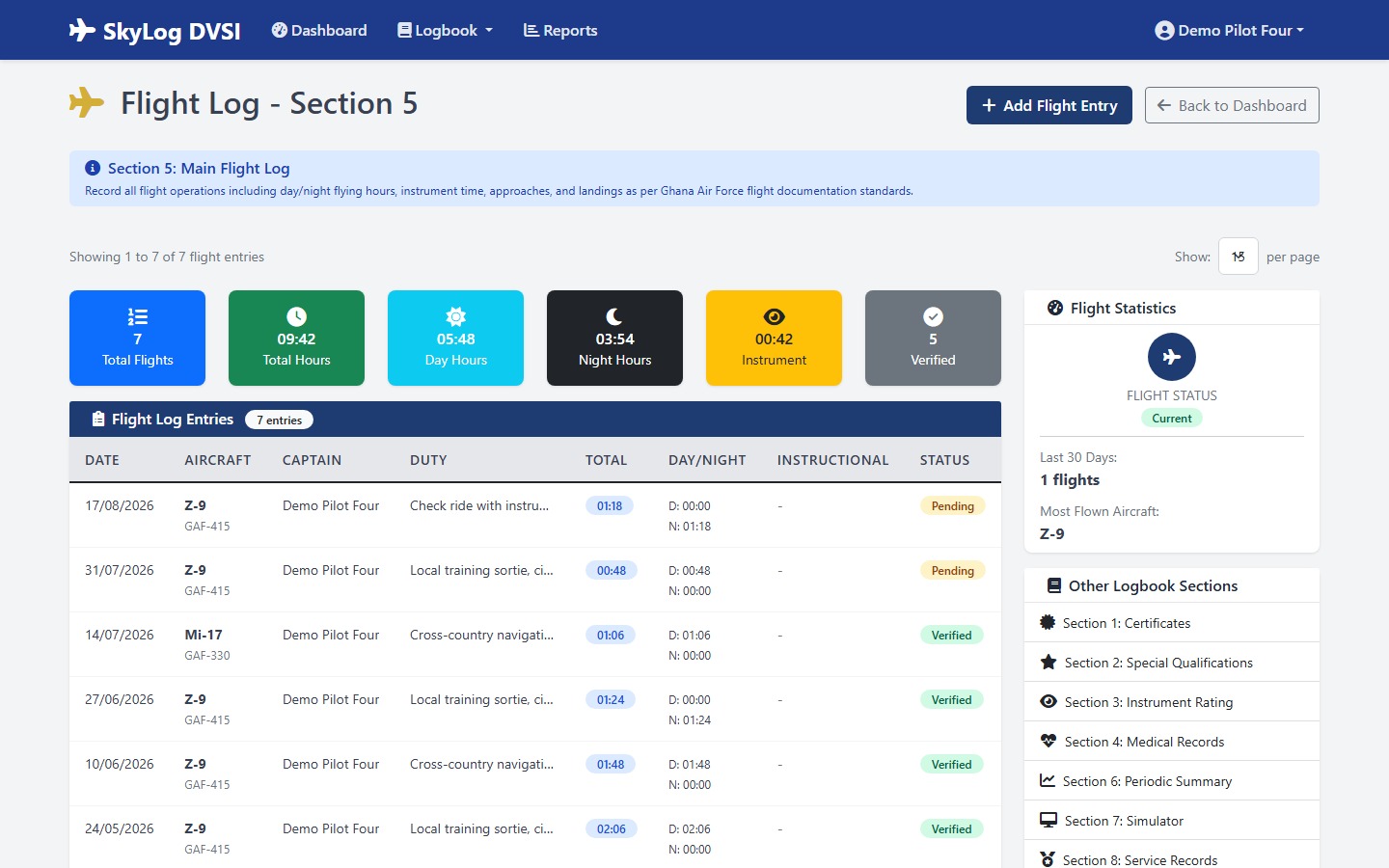 A pilot's logged flights in SkyLog with computed totals for hours, day, night, and instrument time