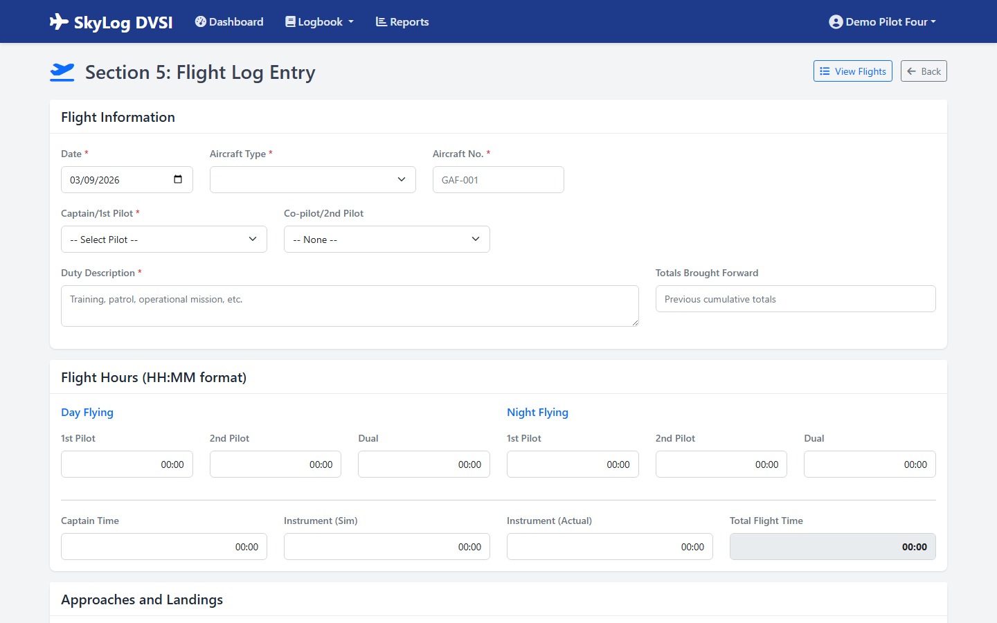 SkyLog flight entry form with fields for date, aircraft, crew, day and night hours, and instrument time