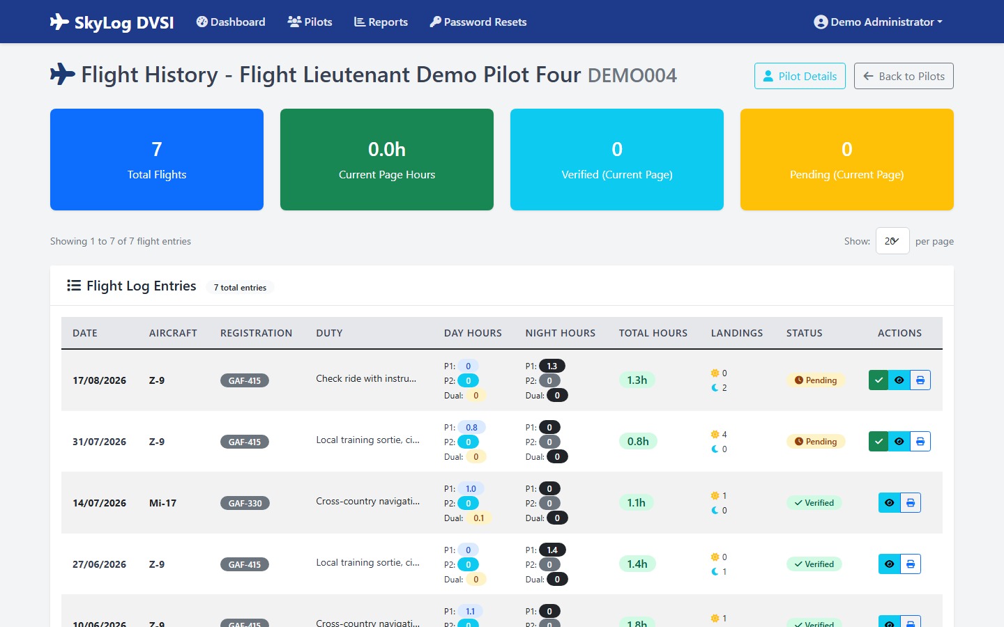 Admin flight history view for a pilot in SkyLog, with pending entries awaiting verification and a verify action