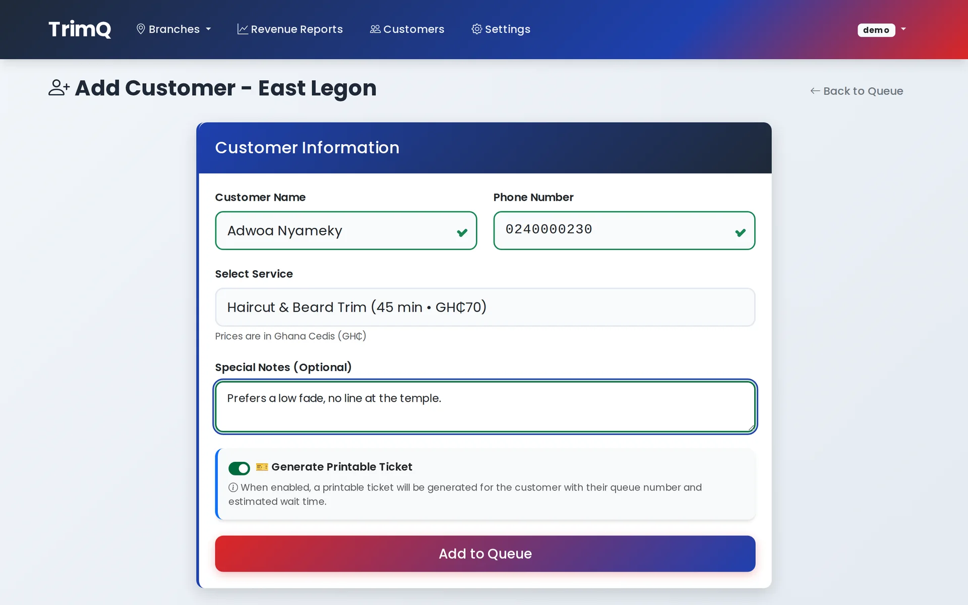 TrimQ add-customer form with a service picker showing Haircut & Beard Trim at 45 minutes and GH¢70, and a toggle to generate a printable ticket