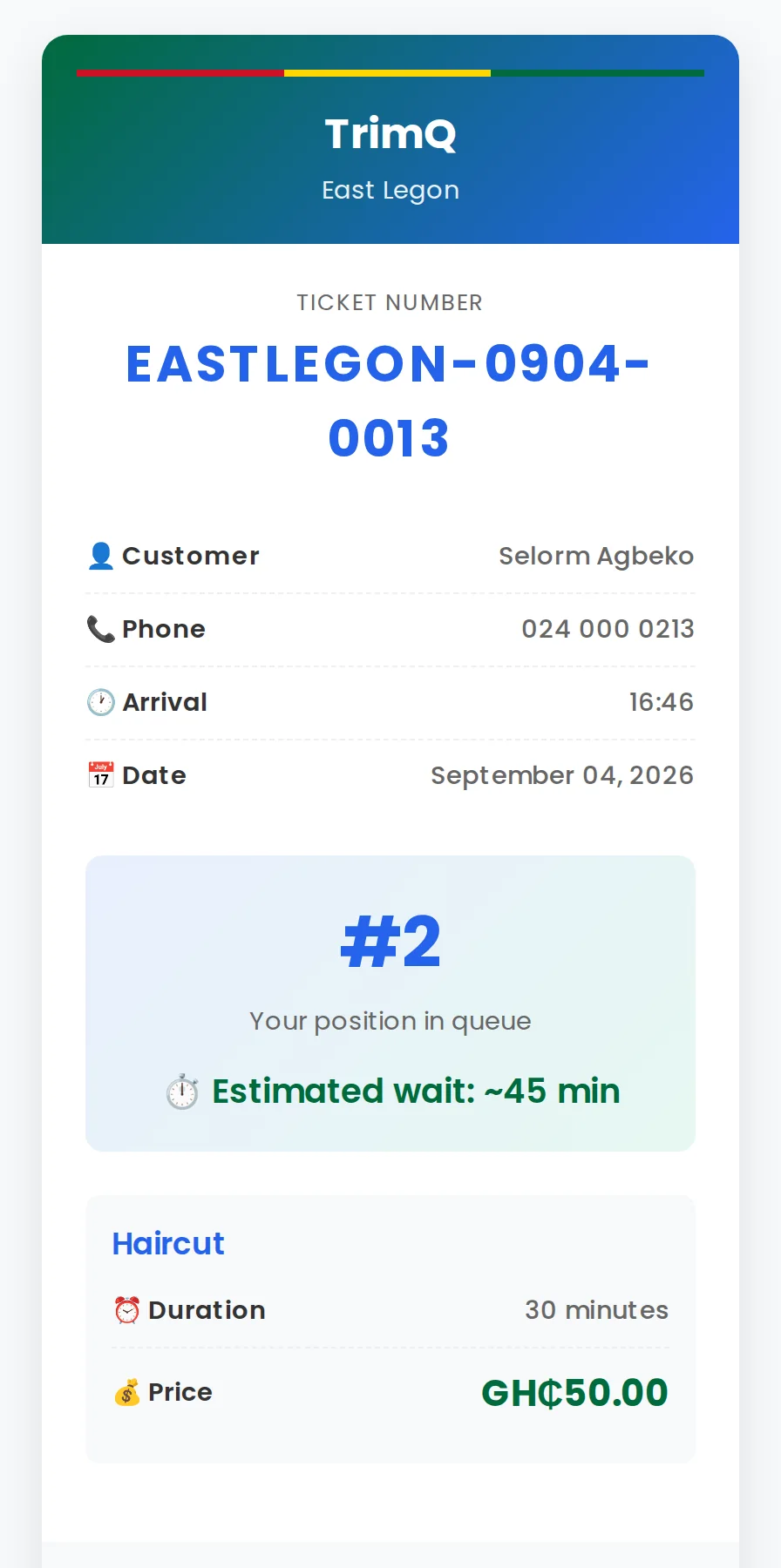 A printed TrimQ ticket for customer Selorm Agbeko showing a queue number, position 2, an estimated wait of 45 minutes, and the GH¢50 haircut price